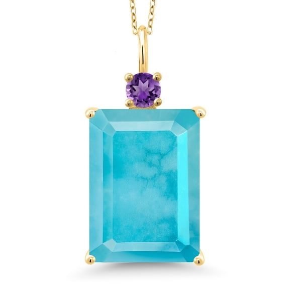Gem Stone King 18K Yellow Gold Plated Silver Green Turquoise and Purple Amethyst Pendant Necklace for Women (11.25 Cttw, Emerald Cut 18X13MM, With 18 inch Silver Chain)