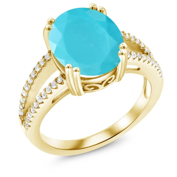 Gem Stone King 18K Yellow Gold Plated Silver Green Turquoise Ring for Women (3.48 Cttw, Oval 12X10MM, Gemstone Birthstone, Available in Size 5, 6, 7, 8, 9)