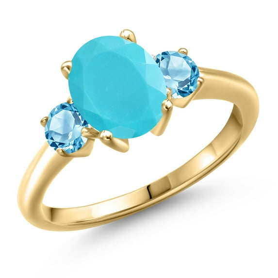 Gem Stone King 18K Yellow Gold Plated Silver Green Turquoise and Swiss Blue Topaz Engagement Ring for Women | 2.21 Cttw | Oval 9X7MM | Gemstone Birthstone | Size 8