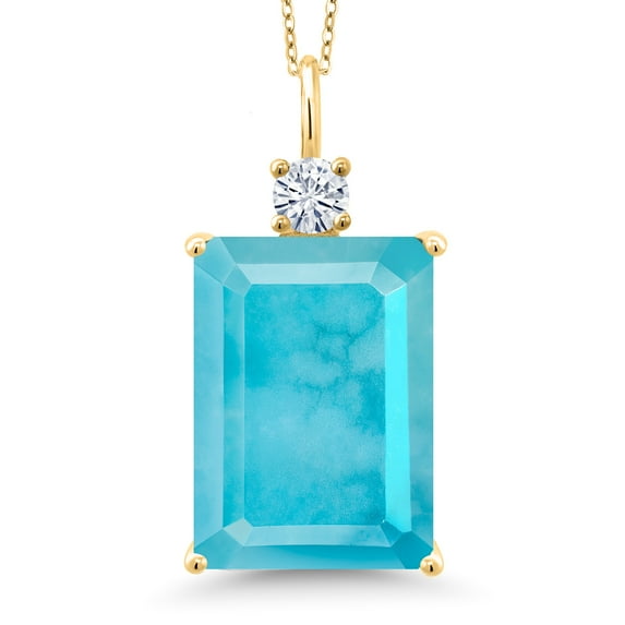 Gem Stone King 18K Yellow Gold Plated Silver Green Turquoise and White Moissanite Pendant Necklace for Women (11.23 Cttw, Emerald Cut 18X13MM, With 18 inch Silver Chain)