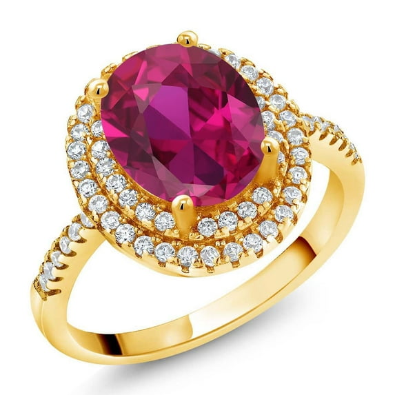 Gem Stone King 18K Yellow Gold Plated Silver Halo Engagement Ring Created Ruby Moissanite (2.43 Cttw)