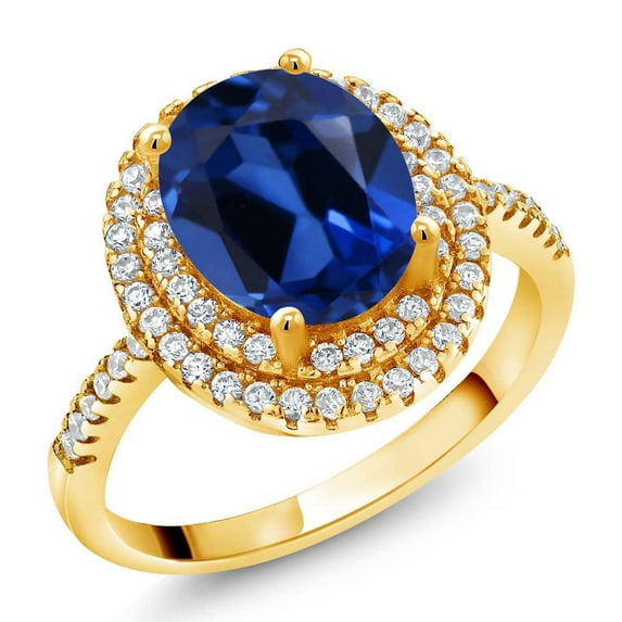 Gem Stone King 18K Yellow Gold Plated Silver Halo Engagement Ring Created Sapphire Moissanite (2.73 Cttw)
