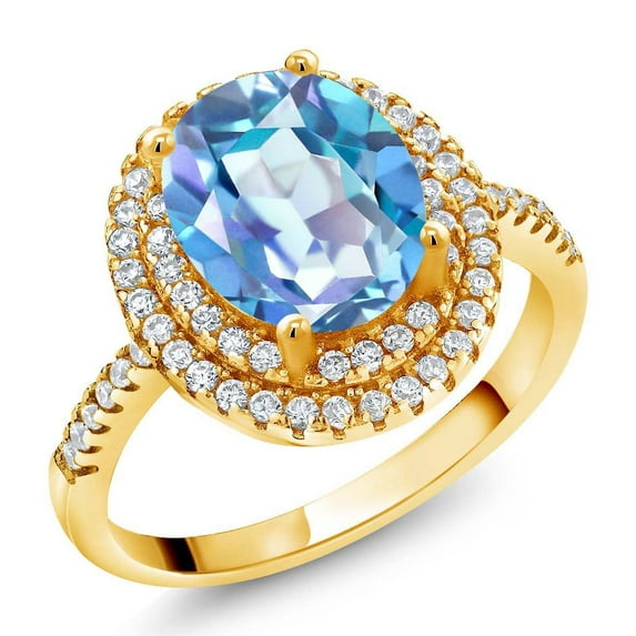Gem Stone King 18K Yellow Gold Plated Silver Halo Engagement Ring Mystic Quartz Moissanite (2.23 Cttw)