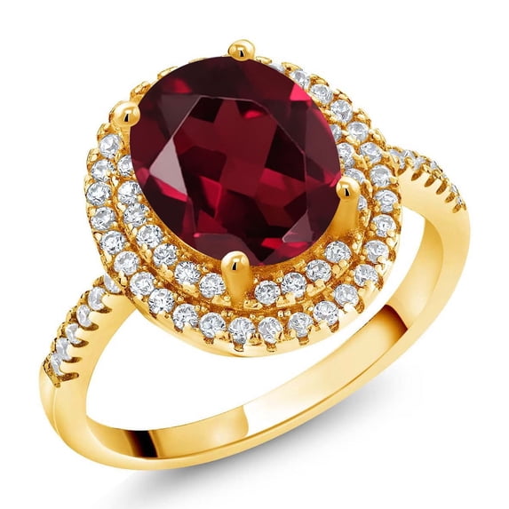 Gem Stone King 18K Yellow Gold Plated Silver Halo Engagement Ring Rhodolite Garnet Moissanite (2.43 Cttw)