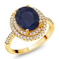 thumbnail image 1 of Gem Stone King 18K Yellow Gold Plated Silver Halo Engagement Ring Sapphire Moissanite (2.63 Cttw), 1 of 3