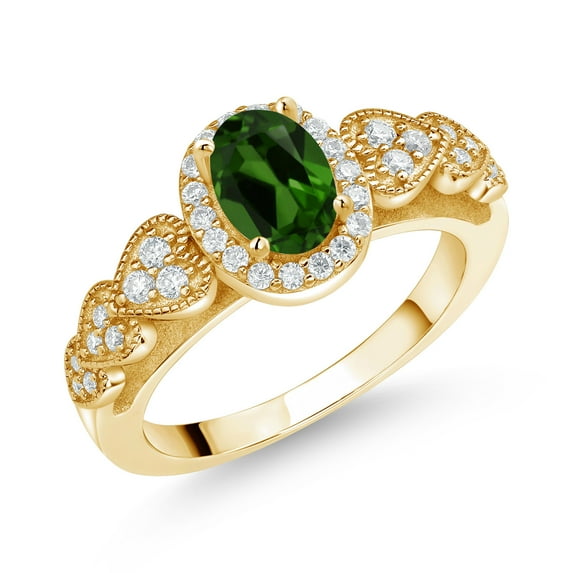 Gem Stone King 18K Yellow Gold Plated Silver Green Chrome Diopside and White Moissanite Engagement Ring for Women | 0.88 Cttw | Oval 7X5MM | Gemstone Birthstone | Size 5