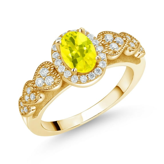 Gem Stone King 18K Yellow Gold Plated Silver Canary Mystic Topaz and White Moissanite Engagement Ring for Women | 0.98 Cttw | Oval 7X5MM | Gemstone November Birthstone | Size 9