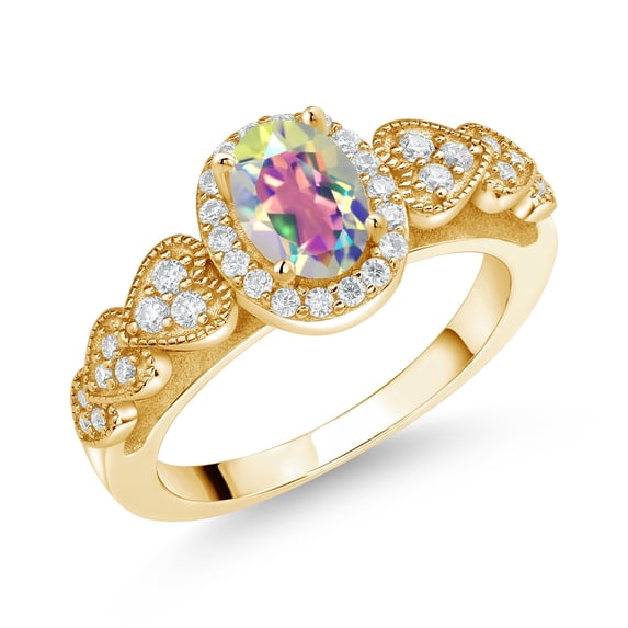 Gem Stone King 18K Yellow Gold Plated Silver Mercury Mist Mystic Topaz and White Moissanite Engagement Ring for Women | 1.18 Cttw | Oval 7X5MM | Gemstone November Birthstone | Size 7