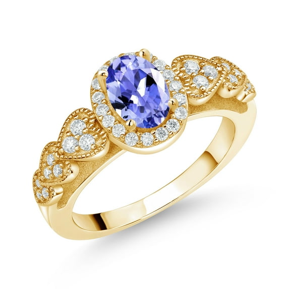 Gem Stone King 18K Yellow Gold Plated Silver Blue Tanzanite and White Moissanite Engagement Ring for Women | 0.93 Cttw | Oval 7X5MM | Gemstone December Birthstone | Size 6
