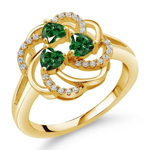 Gem Stone King 18K Yellow Gold Plated Silver Heart Green Nano Emerald 3-Stone Ring for Women (1.52 Cttw, Heart Shape 4MM, Gemstone May Birthstone, Size 6)