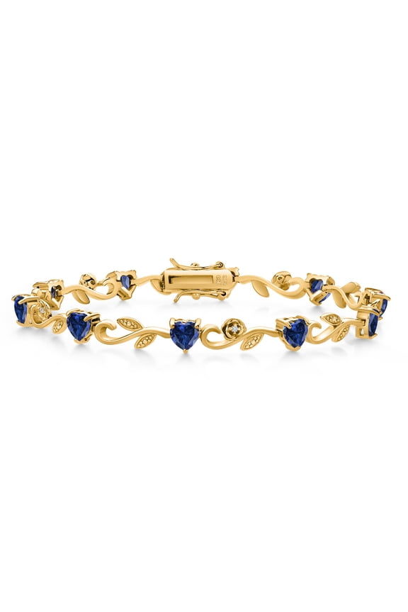 18K Yellow Gold Plated Silver Heart Shape Blue Created Sapphire and White Lab Grown Diamond Greek Vine Flower Tennis Bracelet for Women (5.04 Cttw, 7.5 inch)