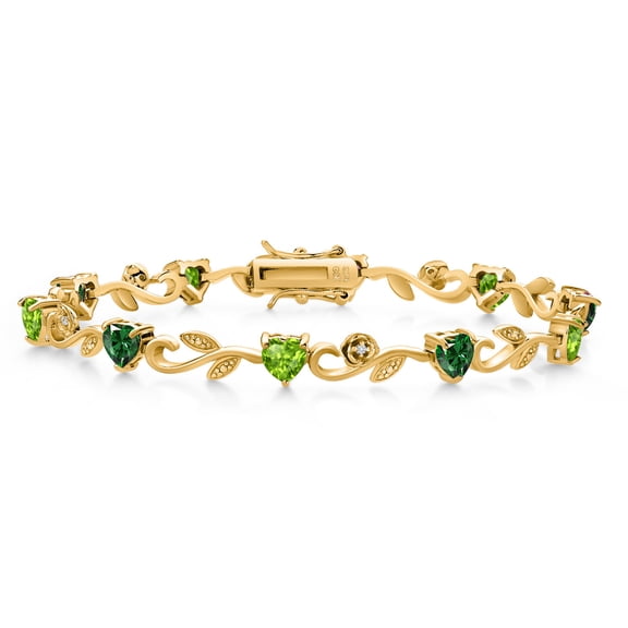 Gem Stone King 18K Yellow Gold Plated Silver Heart Shape Green Nano Emerald Green Peridot and Round White Lab Grown Diamond Greek Vine Flower Tennis Bracelet for Women (5.04 Cttw, 7.5 inch)