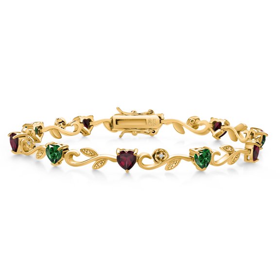 Gem Stone King 18K Yellow Gold Plated Silver Heart Shape Green Nano Emerald Red Rhodolite Garnet and Round White Lab Grown Diamond Greek Vine Flower Tennis Bracelet for Women (5.29 Cttw, 7.5 inch)