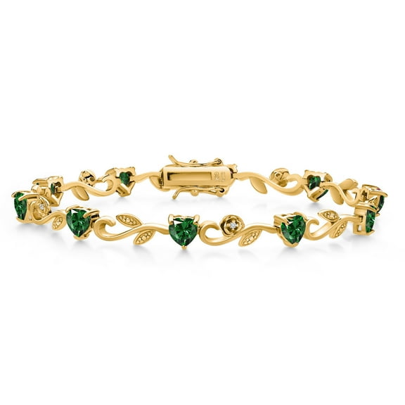 Gem Stone King 18K Yellow Gold Plated Silver Heart Shape Green Nano Emerald and White Lab Grown Diamond Greek Vine Flower Tennis Bracelet for Women (5.04 Cttw, 7.5 inch)