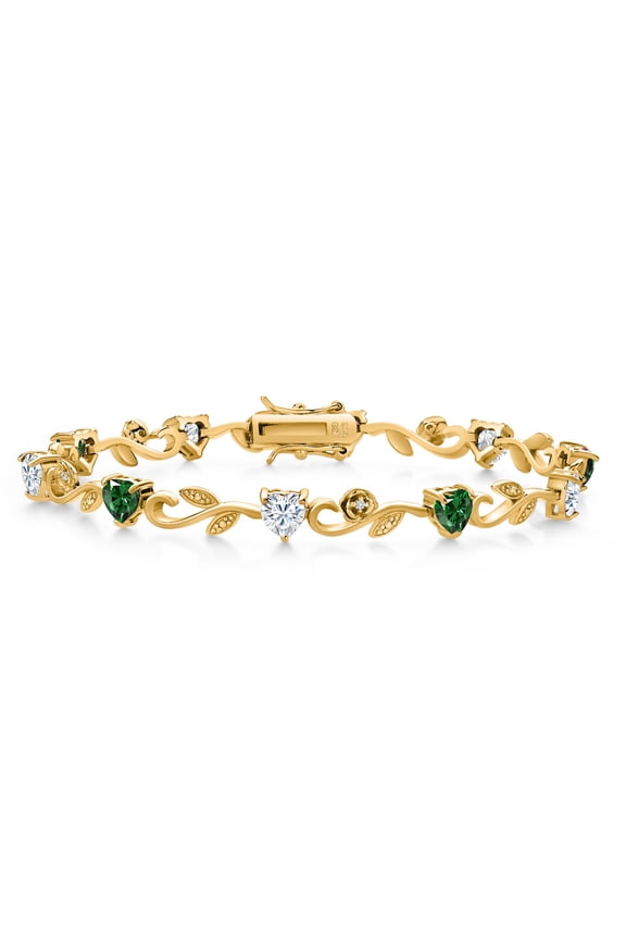 18K Yellow Gold Plated Silver Heart Shape Green Nano Emerald White Moissanite and Round White Lab Grown Diamond Greek Vine Flower Tennis Bracelet for Women (4.64 Cttw, 7.5 inch)