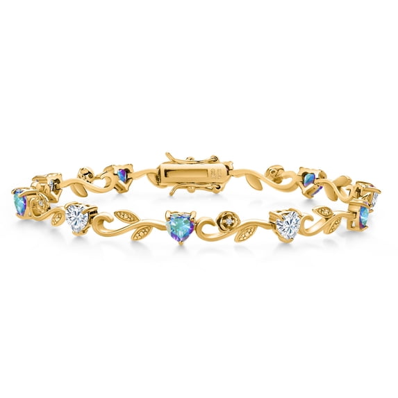 Gem Stone King 18K Yellow Gold Plated Silver Heart Shape Moissanite Mercury Mist Mystic Topaz and White Lab Grown Diamond Greek Vine Flower Tennis Bracelet for Women (5.34 Cttw, 7.5 inch)