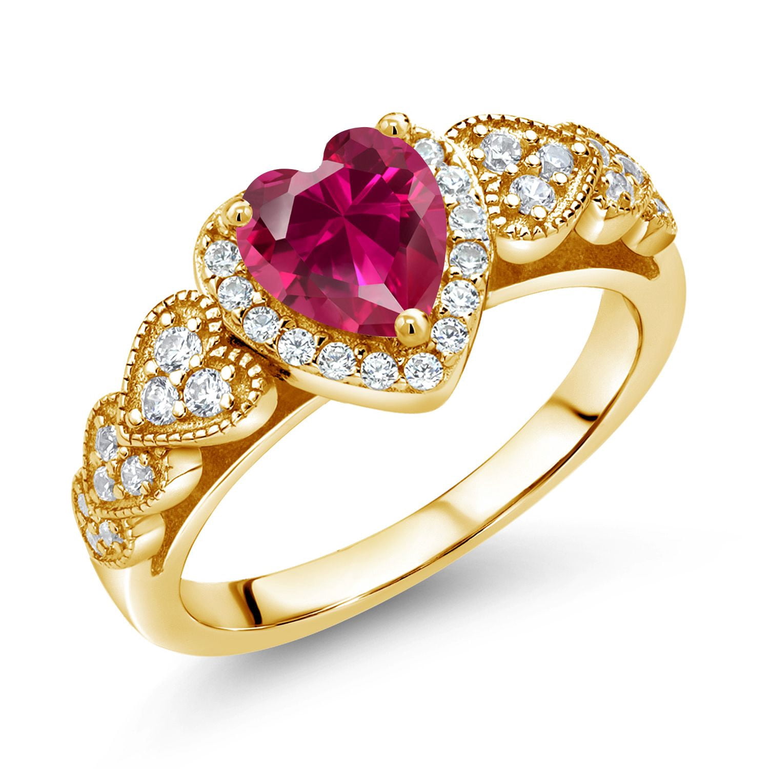 Gem Stone King 18K Yellow Gold Plated Silver Heart Shape Red Created Ruby Ring for Women (1.39 Cttw, Available in Size 5, 6, 7, 8, 9)