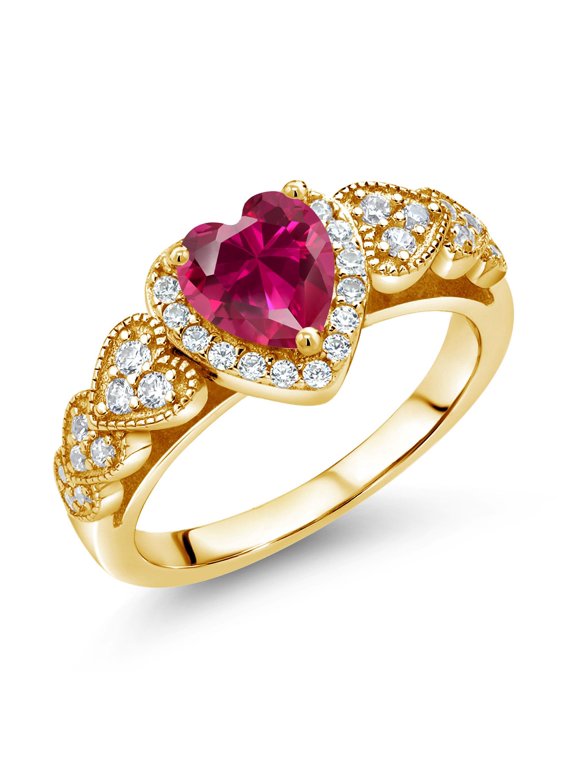 18K Yellow Gold Plated Silver Heart Shape Red Created Ruby Ring for Women (1.39 Cttw, Available in Size 5, 6, 7, 8, 9)