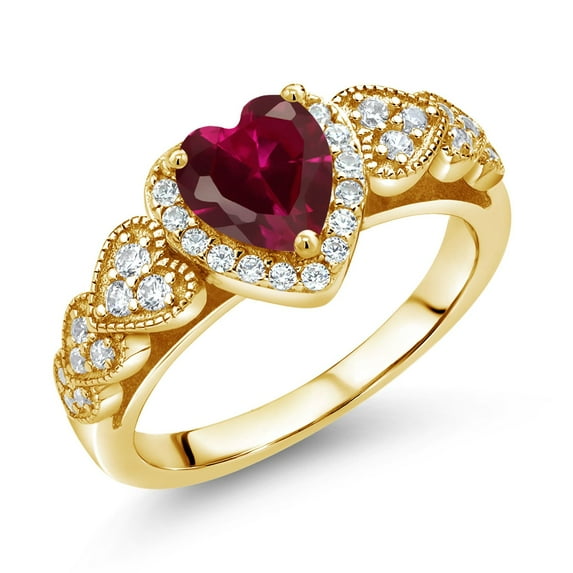 Gem Stone King 18K Yellow Gold Plated Silver Red Created Ruby and White Moissanite Halo Ring for Women | 1.14 Cttw | Heart Shape 6MM | Gemstone July Birthstone | Size 9
