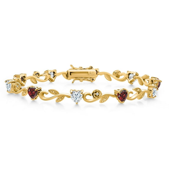 Gem Stone King 18K Yellow Gold Plated Silver Heart Shape Red Garnet White Moissanite and Round White Lab Grown Diamond Greek Vine Flower Tennis Bracelet for Women (5.54 Cttw, 7.5 inch)