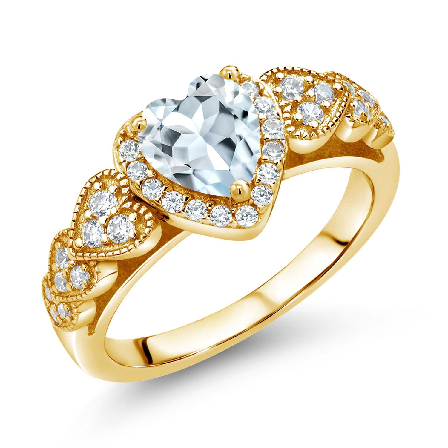 Gem Stone King 18K Yellow Gold Plated Silver Heart Shape Sky Blue Aquamarine Women Ring (1.16 Cttw, Gemstone Birthstone, Available in Size 5, 6, 7, 8, 9)
