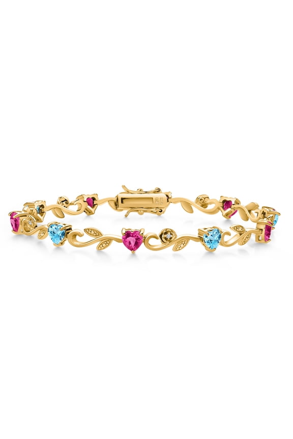 18K Yellow Gold Plated Silver Heart Shape Swiss Blue Topaz Pink Created Sapphire and Round White Lab Grown Diamond Greek Vine Flower Tennis Bracelet for Women (5.79 Cttw, 7.5 inch)