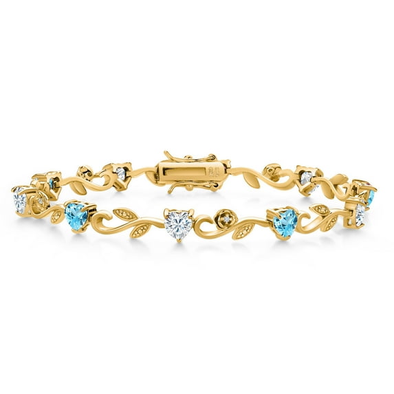 Gem Stone King 18K Yellow Gold Plated Silver Heart Shape Swiss Blue Topaz White Moissanite and Round White Lab Grown Diamond Greek Vine Flower Tennis Bracelet for Women (5.29 Cttw, 7.5 inch)