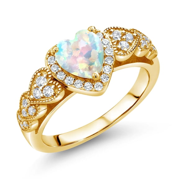 Gem Stone King 18K Yellow Gold Plated Silver Heart Shape White Simulated Opal Women Ring (1.18 Cttw, Available in Size 5, 6, 7, 8, 9)