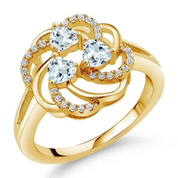 Gem Stone King 18K Yellow Gold Plated Silver Heart Sky Blue Aquamarine 3-Stone Ring for Women (1.07 Cttw, Heart Shape 4MM, Gemstone March Birthstone, Size 8)