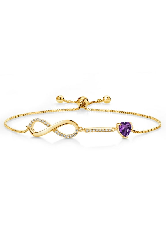 18K Yellow Gold Plated Silver Infinity Bracelet for Women with Heart Amethyst and Moissanite (0.93 Cttw, Box Chain Fully Adjustable up to 9 inch)