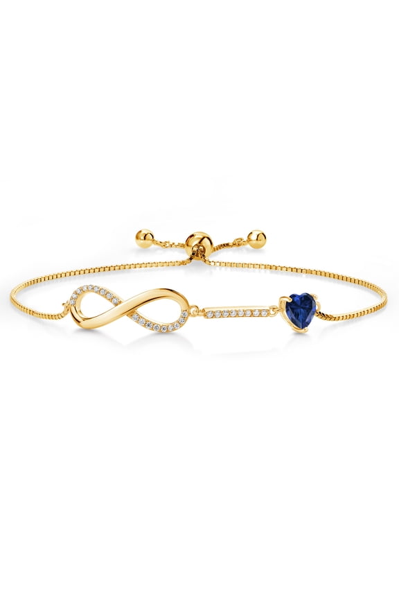 18K Yellow Gold Plated Silver Infinity Bracelet for Women with Heart Created Sapphire and Moissanite (0.93 Cttw, Box Chain Fully Adjustable up to 9 inch)
