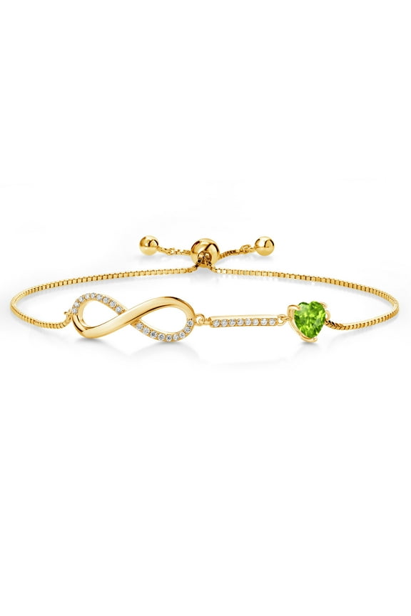 18K Yellow Gold Plated Silver Infinity Bracelet for Women with Heart Peridot and Moissanite (0.90 Cttw, Box Chain Fully Adjustable up to 9 inch)