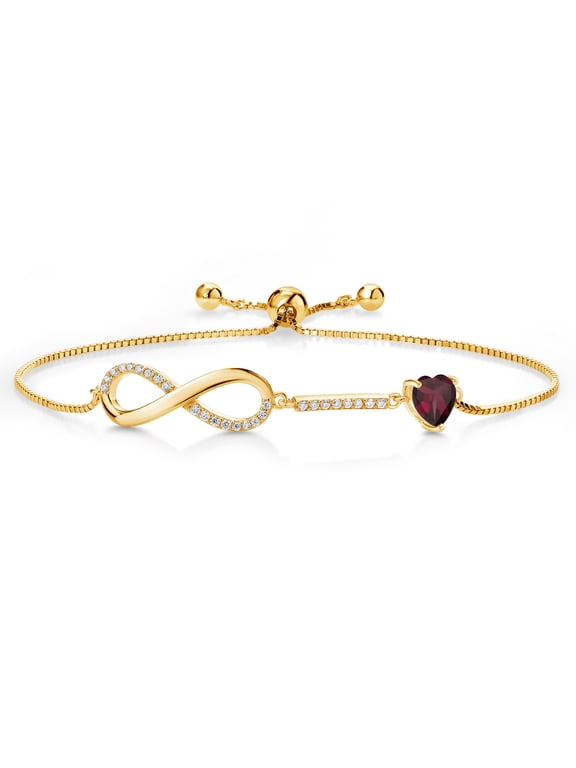 18K Yellow Gold Plated Silver Infinity Bracelet for Women with Heart Rhodolite Garnet and Moissanite (0.85 Cttw, Box Chain Fully Adjustable up to 9 inch)