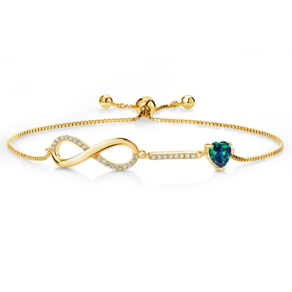 Gem Stone King 18K Yellow Gold Plated Silver Infinity Bracelet for Women with Heart Simulated Opal and Moissanite (0.88 Cttw, Box Chain Fully Adjustable up to 9 inch)