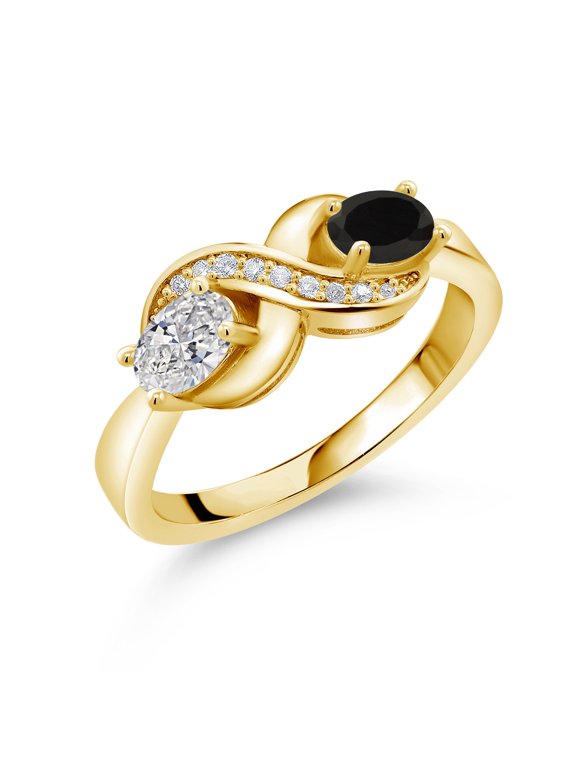 18K Yellow Gold Plated Silver Lab Grown Diamond and Black Onyx and White Created Sapphire Infinity Promise Ring for Women | 0.89 Cttw | Oval 6X4MM | Gemstone April Birthstone | Size 7