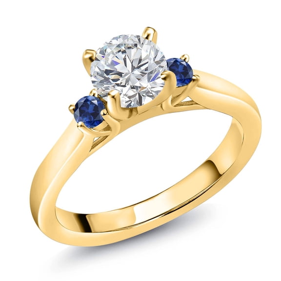 Gem Stone King 18K Yellow Gold Plated Silver Lab Grown Diamond and Blue Created Sapphire Engagement Ring for Women | 0.84 Cttw | Round 6MM | Gemstone April Birthstone | Size 8