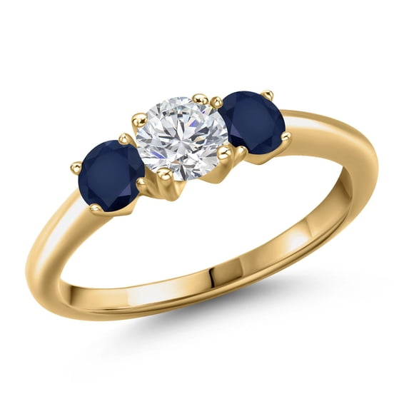 Gem Stone King 18K Yellow Gold Plated Silver Lab Grown Diamond and Blue Sapphire Engagement Ring for Women | 1.20 Cttw | Round 5MM | Gemstone April Birthstone | Size 7