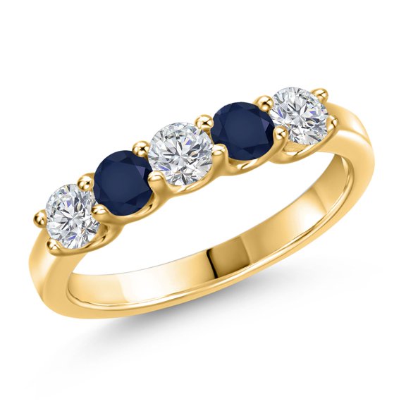 Gem Stone King 18K Yellow Gold Plated Silver Lab Grown Diamond and Blue Sapphire Wedding-Bands Ring for Women | 0.95 Cttw | Round 3.5MM | Gemstone April Birthstone | Size 9