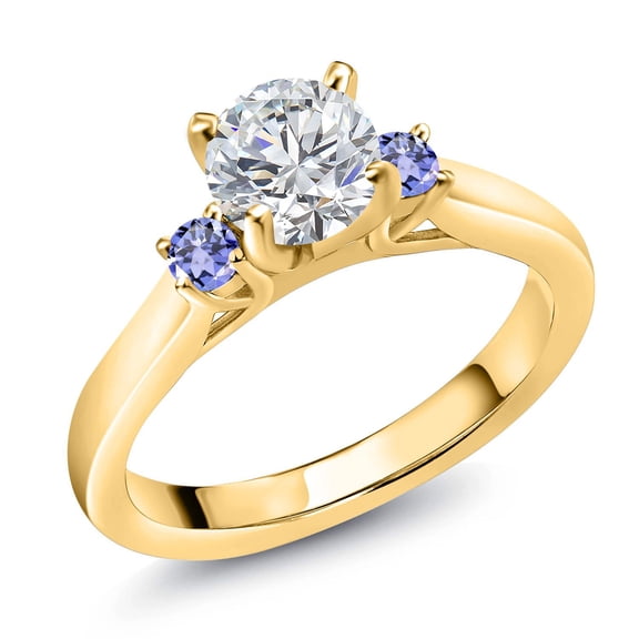 Gem Stone King 18K Yellow Gold Plated Silver Lab Grown Diamond and Blue Tanzanite Engagement Ring for Women | 0.90 Cttw | Round 6MM | Gemstone April Birthstone | Size 5