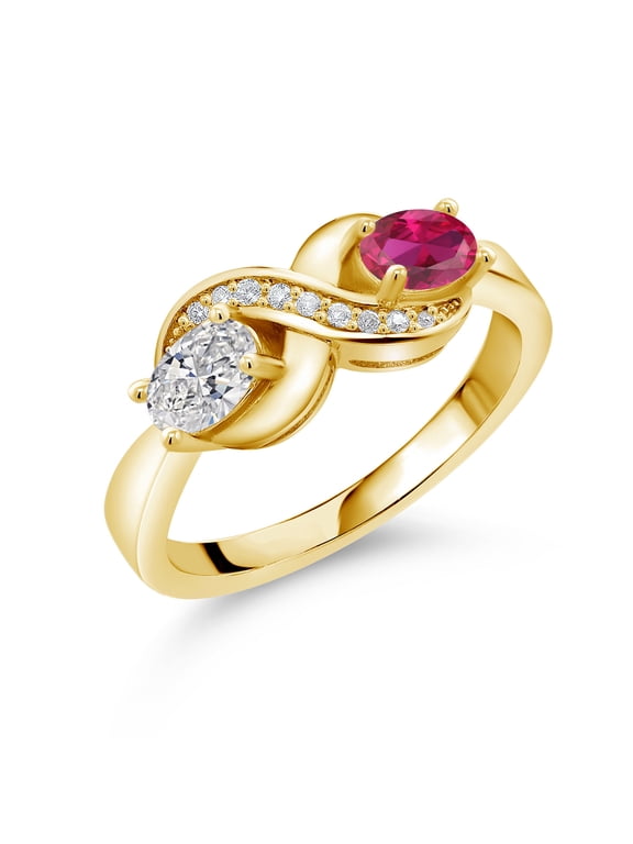 18K Yellow Gold Plated Silver Lab Grown Diamond and Created Ruby and White Created Sapphire Infinity Promise Ring for Women | 0.99 Cttw | Oval 6X4MM | Gemstone April Birthstone | Size 7