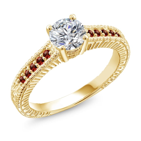 Gem Stone King 18K Yellow Gold Plated Silver Lab Grown Diamond and Red Garnet Engagement Ring for Women | 0.94 Cttw | Round 6MM | Gemstone April Birthstone | Size 7