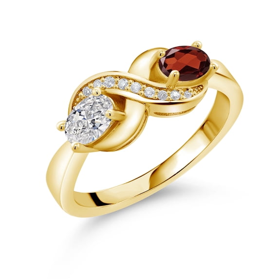 Gem Stone King 18K Yellow Gold Plated Silver Lab Grown Diamond and Red Garnet and White Created Sapphire Infinity Promise Ring for Women | 1.06 Cttw | Oval 6X4MM | Gemstone April Birthstone | Size 5