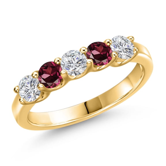 Gem Stone King 18K Yellow Gold Plated Silver Lab Grown Diamond and Red Rhodolite Garnet Wedding-Bands Ring for Women | 0.95 Cttw | Round 3.5MM | Gemstone April Birthstone | Size 8