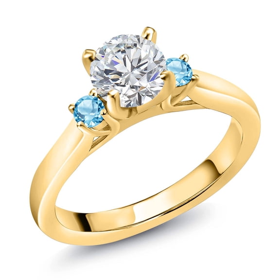 Gem Stone King 18K Yellow Gold Plated Silver Lab Grown Diamond and Swiss Blue Topaz Engagement Ring for Women | 0.90 Cttw | Round 6MM | Gemstone April Birthstone | Size 8