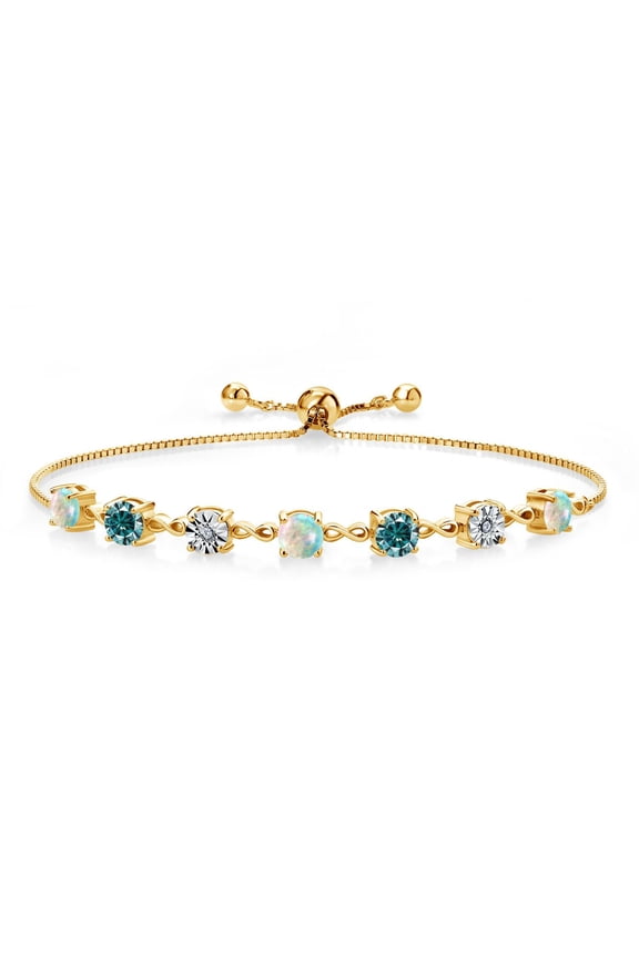 18K Yellow Gold Plated Silver Lab Grown Diamond Tennis Bracelet for Women Cabochon Simulated Opal Blue Moissanite (2.51 Cttw, Fully Adjustable up to 9 inch)