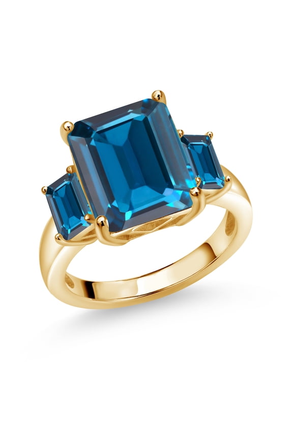 18K Yellow Gold Plated Silver London Blue Topaz 3-Stone Ring for Women | 8.82 Cttw | Emerald Cut 12X10MM and 6X4MM | Three Stone Wedding Engagement Anniversary Ring for Women | Size 8