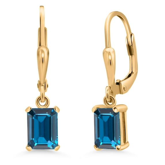 Gem Stone King 18K Yellow Gold Plated Silver London Blue Topaz Drop Dangle Earrings for Women (2.28 Cttw, Gemstone November Birthstone, Emerald Cut 7X5MM)