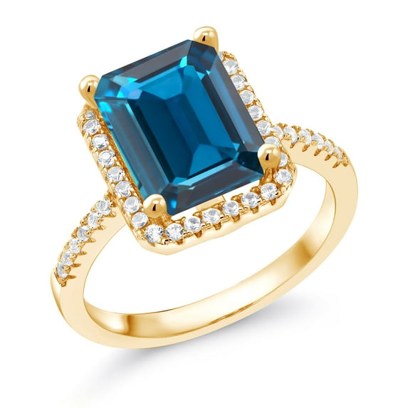 Gem Stone King 18K Yellow Gold Plated Silver London Blue Topaz Engagement Ring for Women (4.36 Cttw, Emerald Cut 10X8MM, Gemstone November Birthstone, Size 8)