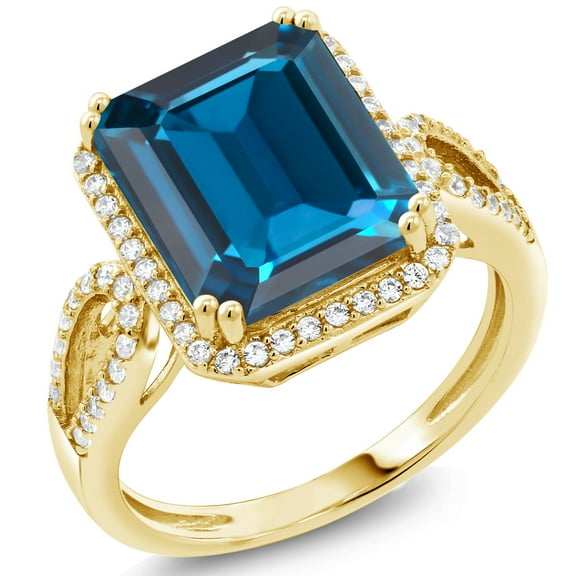 Gem Stone King 18K Yellow Gold Plated Silver London Blue Topaz Engagement Ring for Women | 7.50 Cttw | Emerald Cut 12X10MM | Gemstone November Birthstone | Size 5