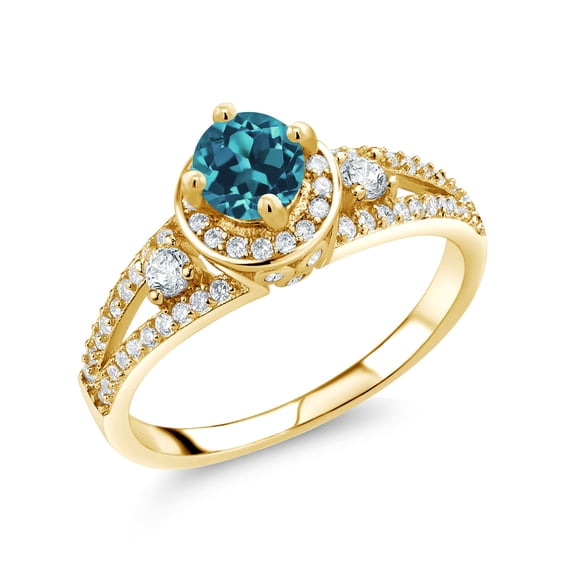 Gem Stone King 18K Yellow Gold Plated Silver London Blue Topaz Engagement Ring for Women (1.64 Cttw, Round 5MM, Gemstone November Birthstone, Size 6)